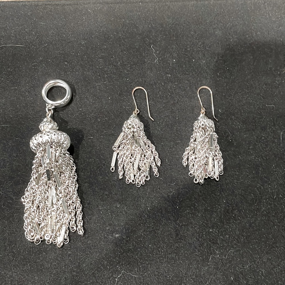 Silver Tassel Earrings and Pendant Set